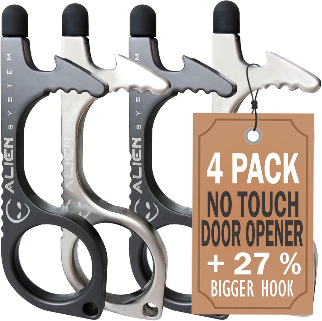 No Touch Door Opener tool 4 Pack - Premium keychain multitool - Hygienic Touch free Keychain tool - Touchscreen stylus, Button pusher, Bottle opener - Great for Employee appreciation gifts