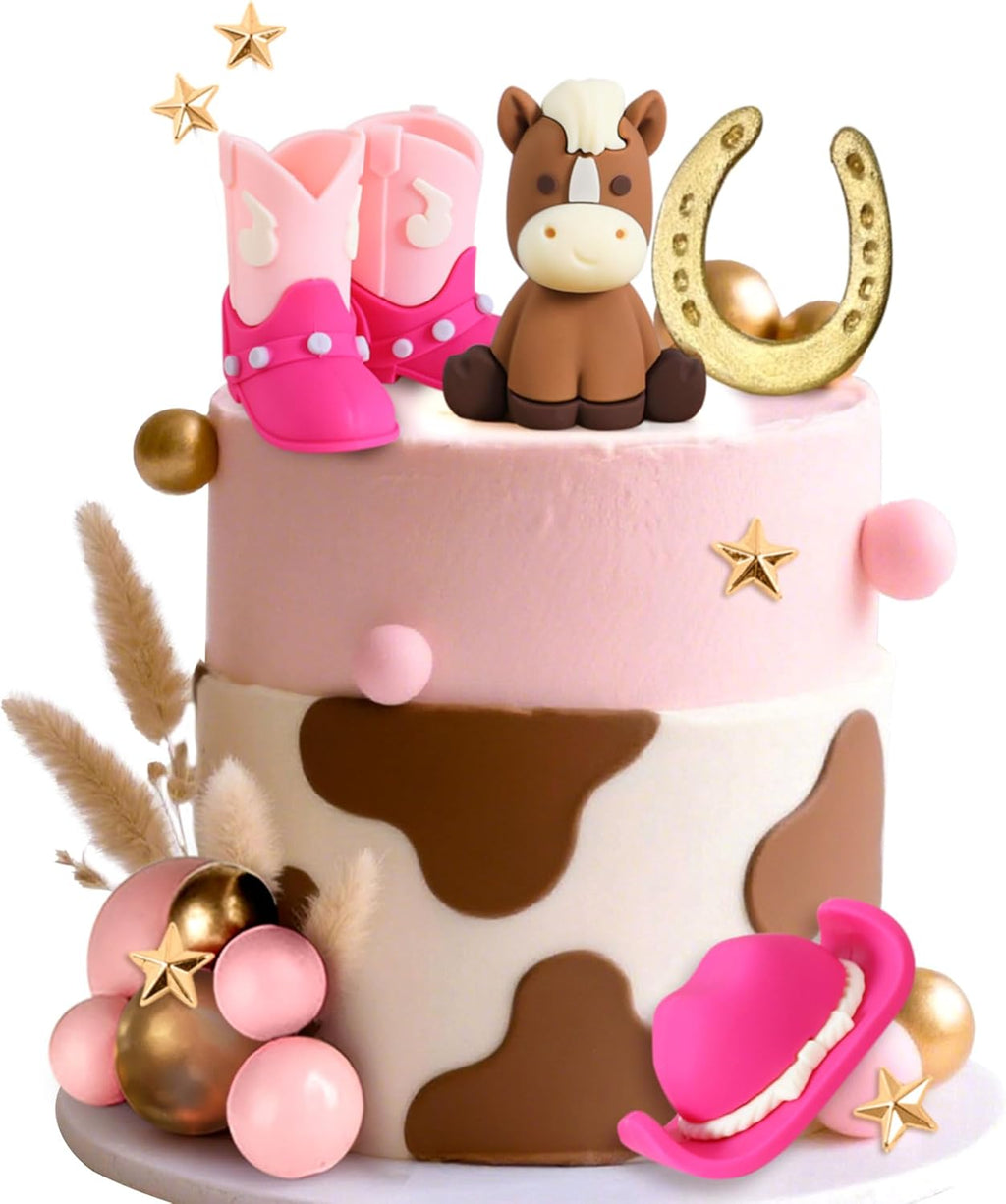 JeVenis Pony Cowgirl Cake Topper Cowboy Western Cake Decorations Cowgirl Hat Birthday Cake Topper Cowgirl Boots Cow Balls Cake Decoration
