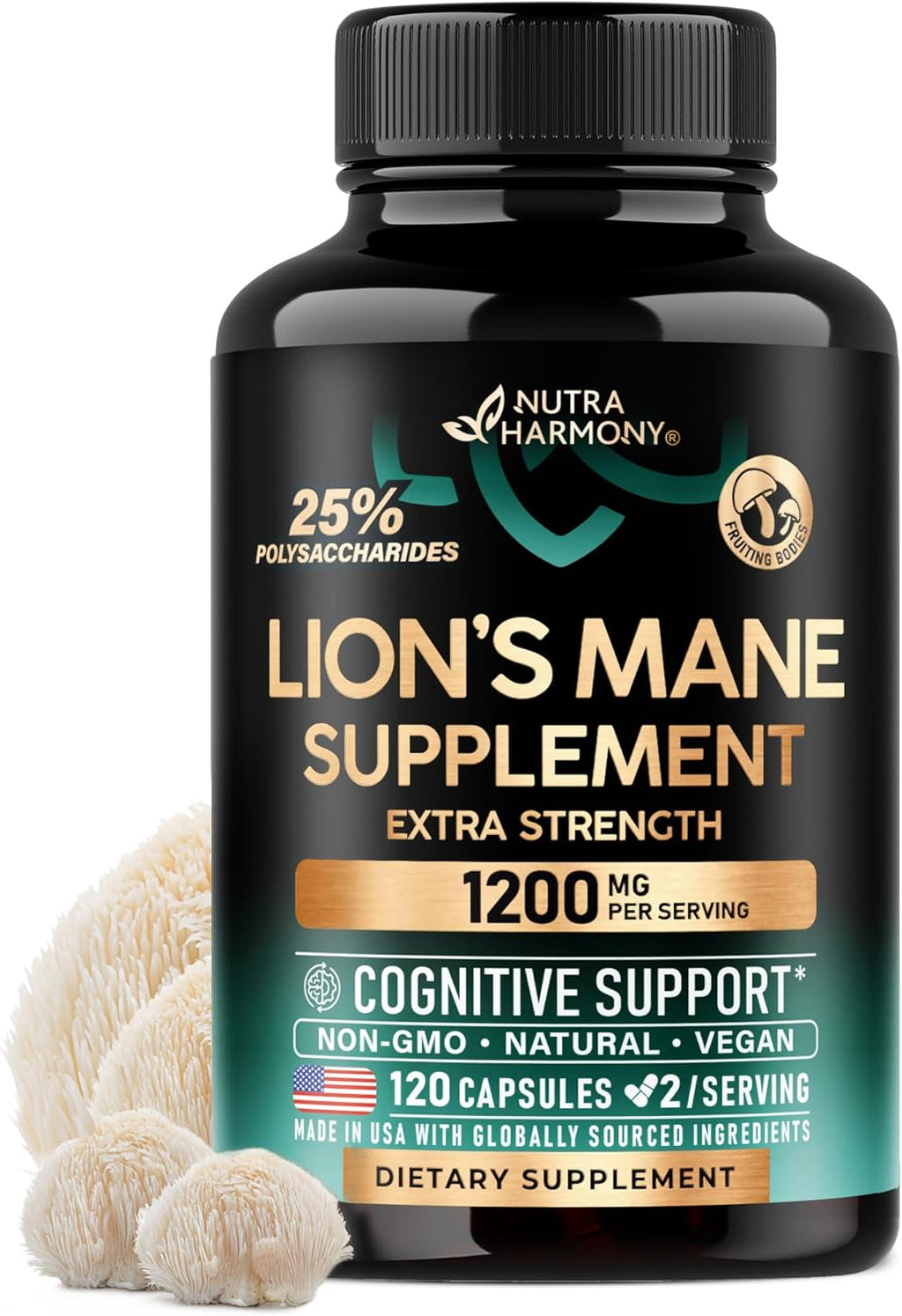 Lions Mane Supplement Capsules - Organic Lions Mane - Made in USA - Fruiting Bodies Extract - 1200 mg, 25% Polysaccharides - Memory & Focus Support - As Lions Powder - 120 Capsules, 2 Month Supply