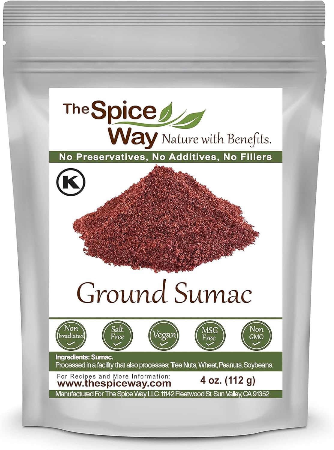 The Spice Way - Pure 100% Ground Sumac Spice, No Salt, no GMO, no Irradiation, Sumac Seasoning Powder 4 oz (resealable bag) (Sumak)(Sumakh spice)