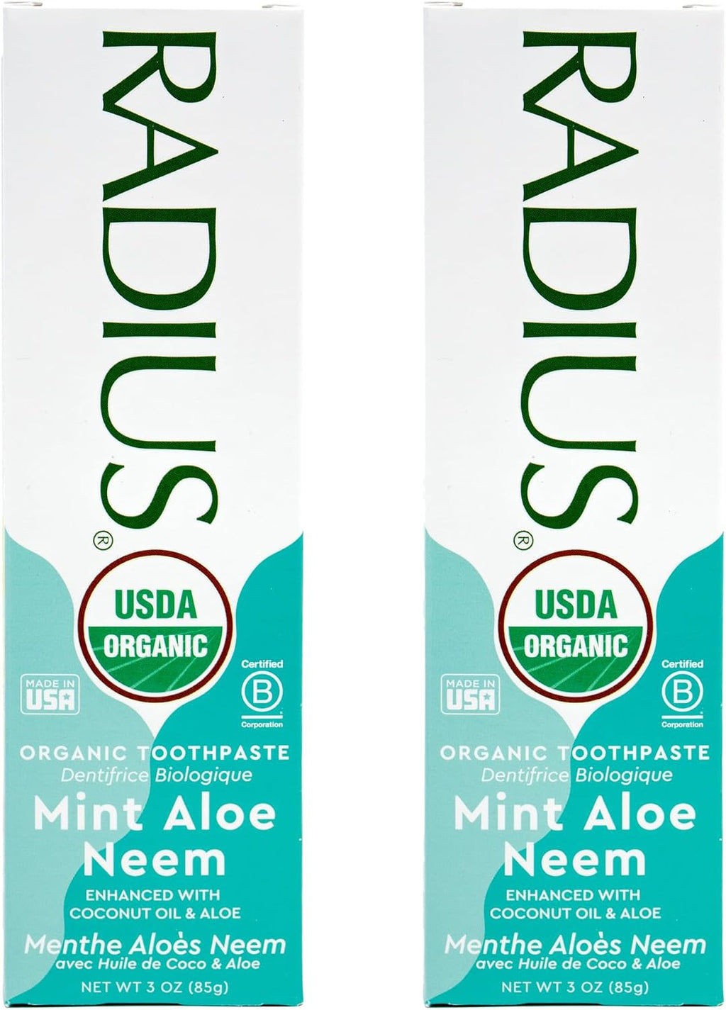 RADIUS USDA Organic Toothpaste 3oz Non Toxic Chemical-Free Gluten-Free Designed to Improve Gum Health & Prevent Cavity - Mint Aloe Neem - Pack of 2