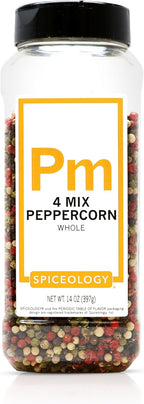 Spiceology – 4 Mix Peppercorn – Bold, Aromatic & Complex Pepper Blend – Whole Black, White, Green & Pink Peppercorns – Perfect for Grinders, Rubs, Sauces & Marinades – Freshly Packed – 14 oz