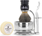 Badger Hair Shaving Brush With Wood Handle, Goat Milk Shaving Soap, Dual-ring Base Stainless Steel Shaving Stand Holder and 3 Layers Shaving Bowl for Men's Wet Shaving (Black With Badger Hair)