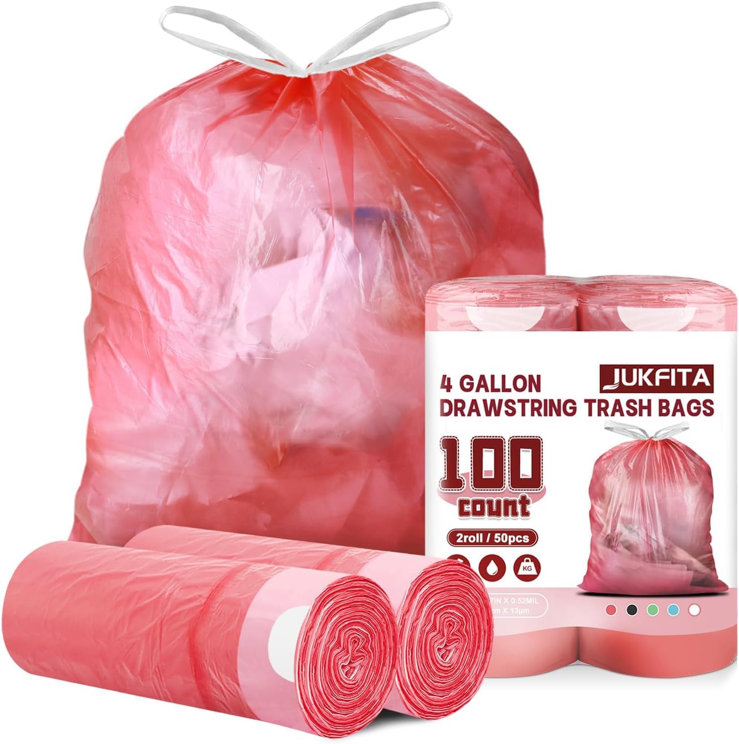 4 Gallon Trash Bags Drawstring 100 Count, JUKFITA Extra Strong Small Garbage Bags, Unscented Trash Can Liners for Bathroom Restroom Office Kitchen, Red