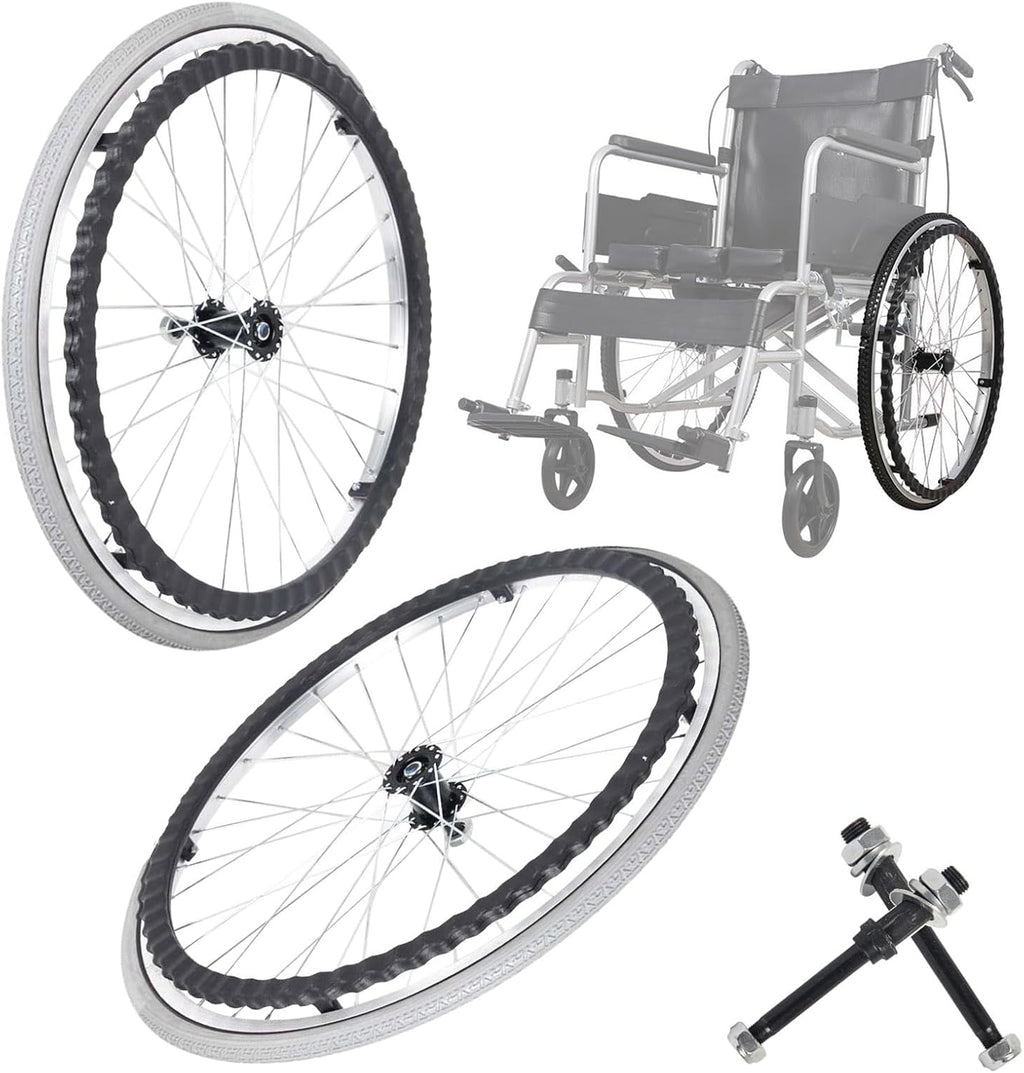 WORDFUN 2pcs 24 Inch Wheelchair Rear Wheel, Wheel Replacement Parts for Wheelchairs, Tires Wheels Assembly, Wear-Resistant Solid Wheel with Bearing, Antislip Replacement Casters