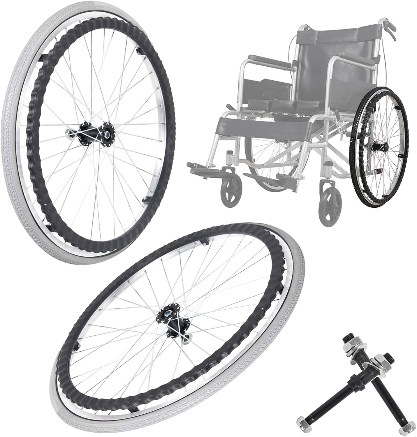WORDFUN 2pcs 24 Inch Wheelchair Rear Wheel, Wheel Replacement Parts for Wheelchairs, Tires Wheels Assembly, Wear-Resistant Solid Wheel with Bearing, Antislip Replacement Casters