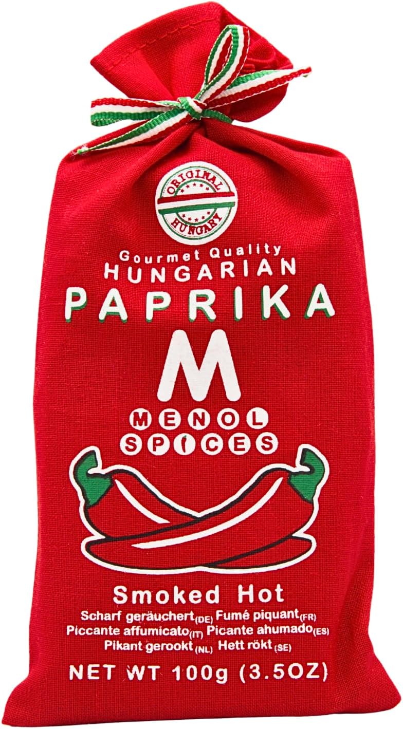 Menol Spices Authentic Hungarian Smoked Paprika Powder (Smoked Hot, 3.5oz / 100g) Gourmet Quality, Produced in region of Szeged, Hungary, Incredible Flavor, Freshly ground