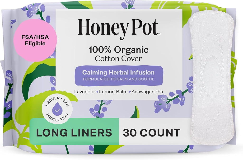 Honey Pot - Calming Long Panty Liners for Women - 100% Organic Cotton Top Sheet - Feminine Care - Non Cooling - Calming Herbs of Lavender, Ashwagandha, & Lemon Balm - 30ct
