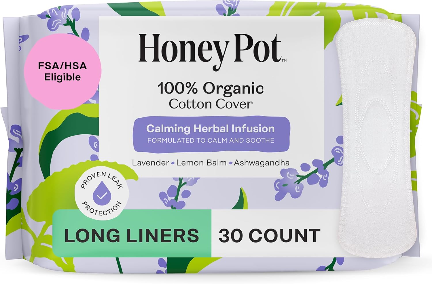 Honey Pot - Calming Long Panty Liners for Women - 100% Organic Cotton Top Sheet - Feminine Care - Non Cooling - Calming Herbs of Lavender, Ashwagandha, & Lemon Balm - 30ct