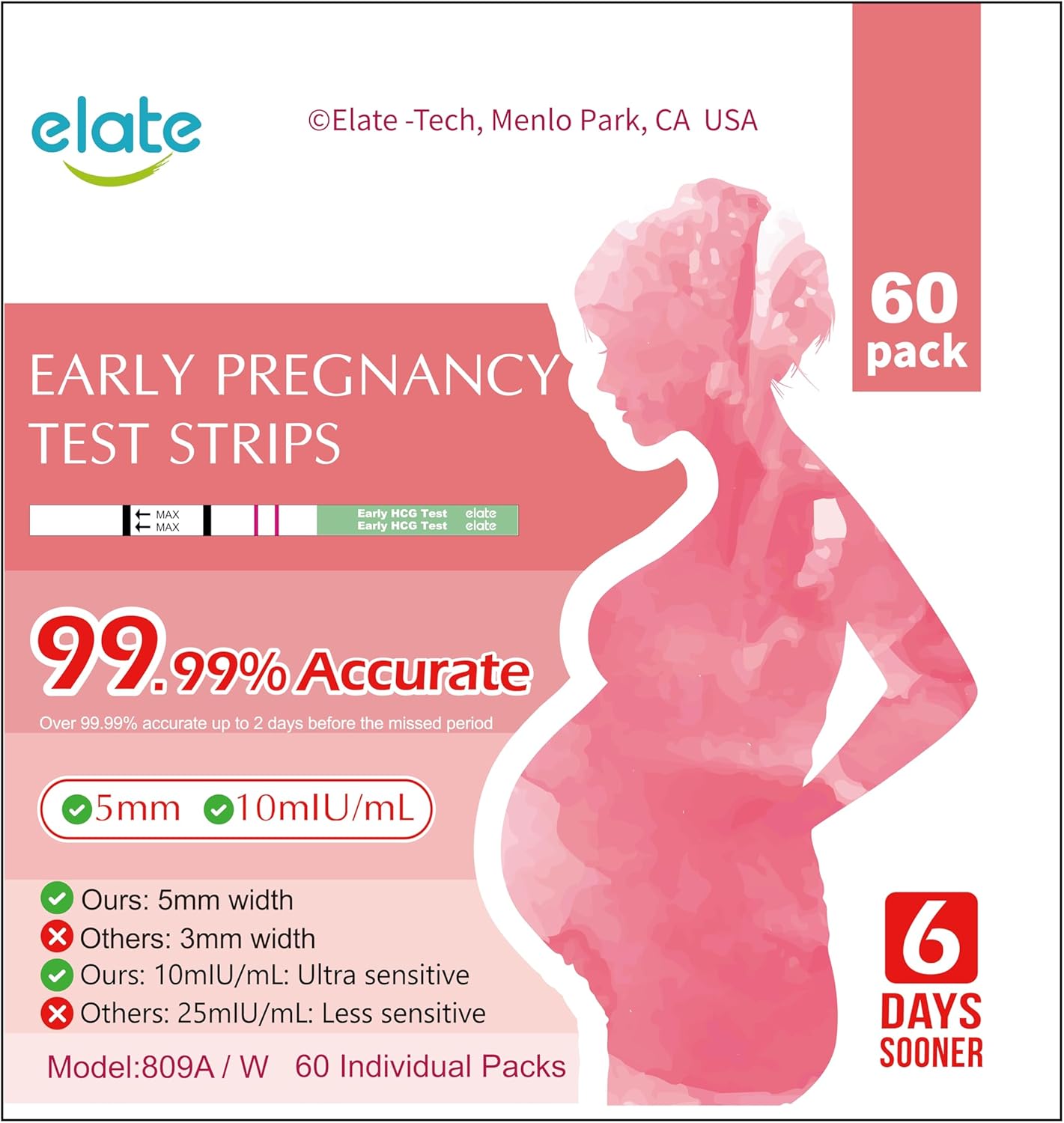 Elate Early Detection Pregnancy Test Strips HCG Early Result 6-Days Sooner, 60 Count Bulk, Ultra-Sensitive 10mIU/mL, 99.99% Accurate, Easy Home Use, 5mm