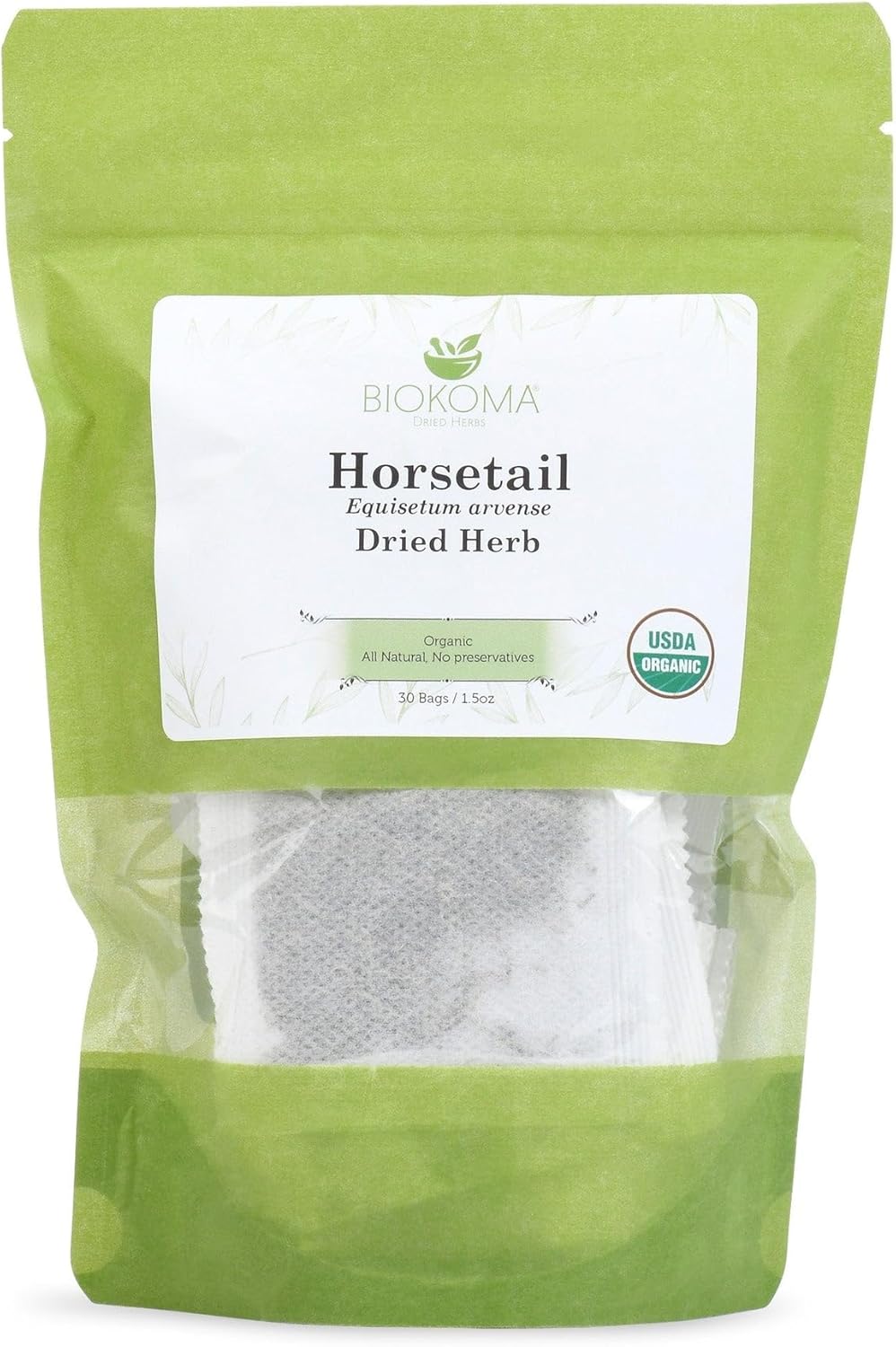 Biokoma Organic Horsetail Dried Herb 30 Tea Bags Shavegrass Equisetum Arvense USDA Organic Herbal Tea Healthy Hair Skin Nails Support Resealable Pouch Pure No Additives Non-GMO Caffeine Free Kosher