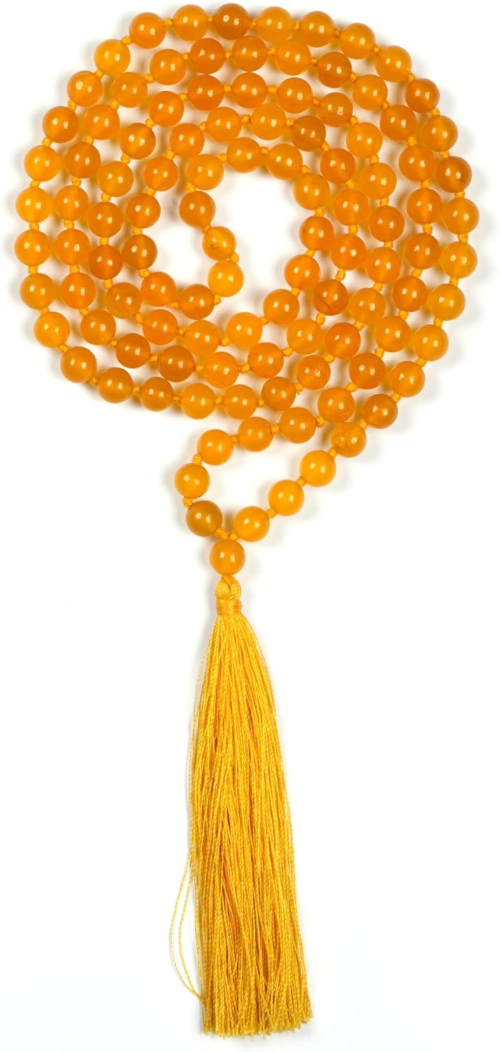 108 Mala Beads 8mm Natural yellow citrine Polished-Finish Genuine Semi-Precious Stone Long Crystal Mala Prayer Bead Necklace Or Bracelet for Yoga Meditation Energy Balancing