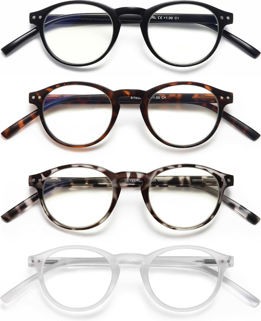 EYEURL 4-Pack Round Reading Glasses for Women Men Blue Light Glasses Retro Round Readers