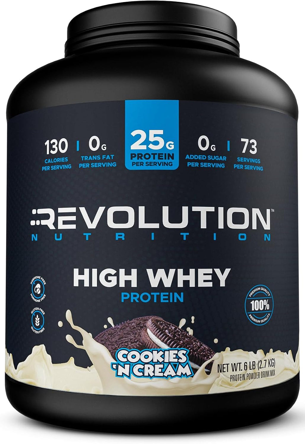 Revolution Nutrition, High Whey, Protein Powder 6LB, Whey Isolate, Gluten Free, Lean Muscle Mass for Men & Women, 25g of Protein Per Scoop, 2.7kg, 73 Servings (Cookies & Cream, 6 Pound)