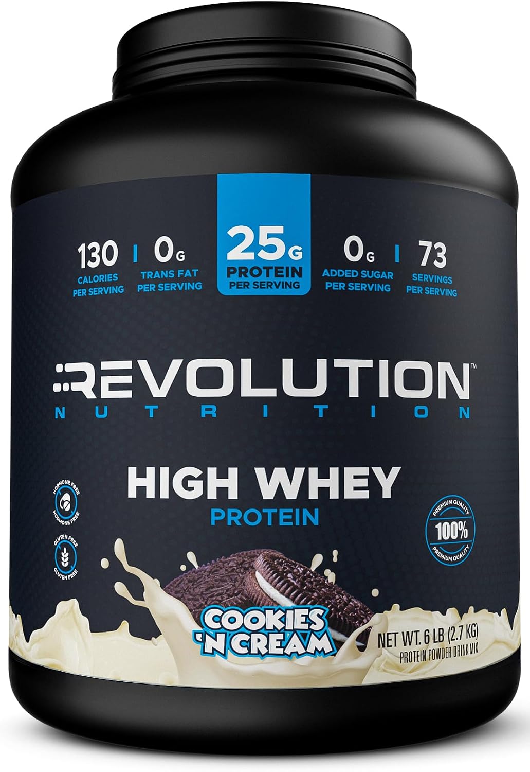 Revolution Nutrition, High Whey, Protein Powder 6LB, Whey Isolate, Gluten Free, Lean Muscle Mass for Men & Women, 25g of Protein Per Scoop, 2.7kg, 73 Servings (Cookies & Cream, 6 Pound)