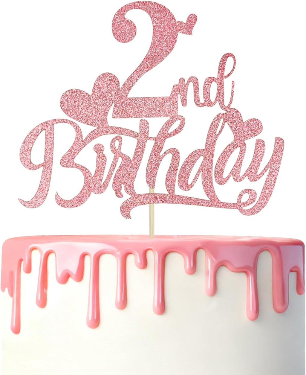 Happy 2nd Birthday Cake Topper - Pink Glitter Heart 2nd Birthday Cake Decoration for 2 Years Old Birthday Party Cake Decor Supplies