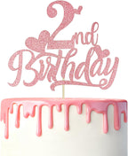 Happy 2nd Birthday Cake Topper - Pink Glitter Heart 2nd Birthday Cake Decoration for 2 Years Old Birthday Party Cake Decor Supplies