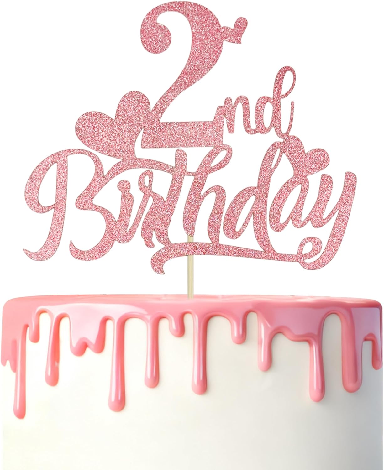 Happy 2nd Birthday Cake Topper - Pink Glitter Heart 2nd Birthday Cake Decoration for 2 Years Old Birthday Party Cake Decor Supplies