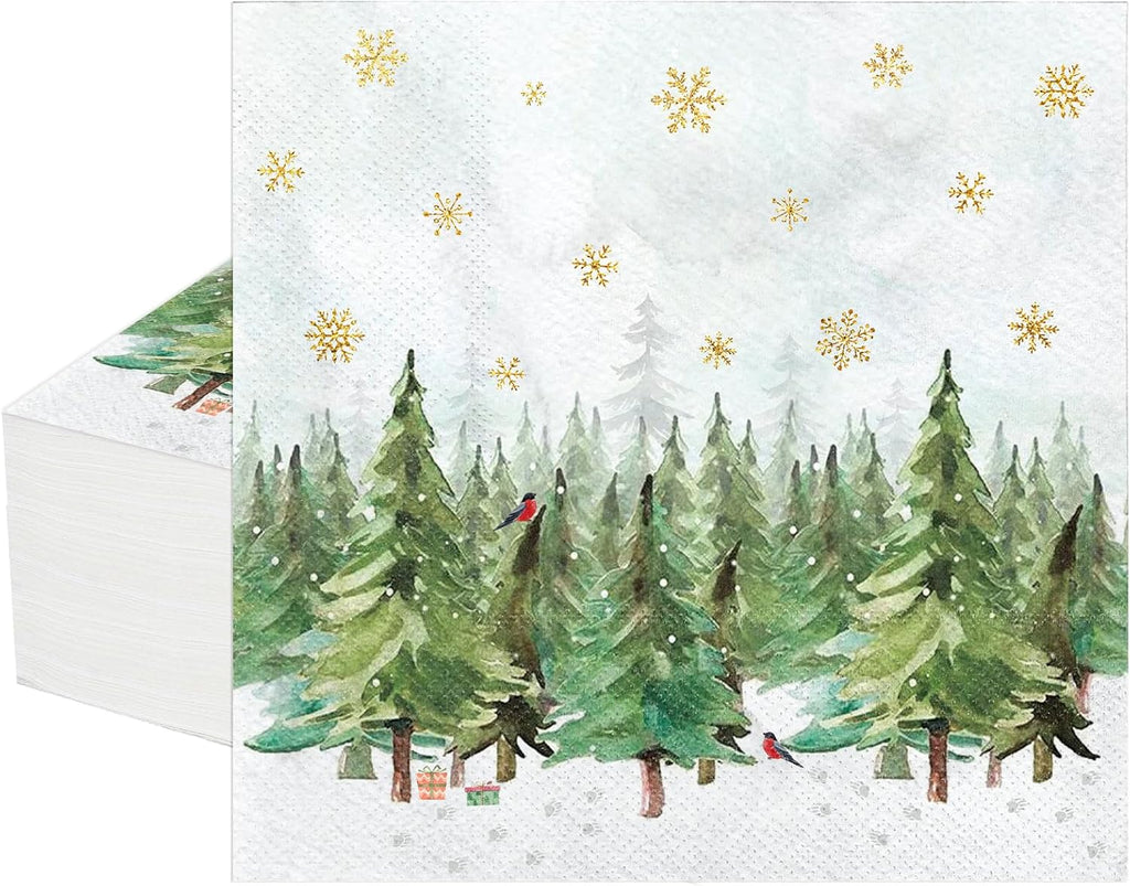 Whaline 50Pcs Christmas Winter Paper Napkins Xmas Tree Snowflake Luncheon Napkin Forest Pine Tree Disposable Dinner Dessert Napkins for Holiday Party Supplies Table Decor
