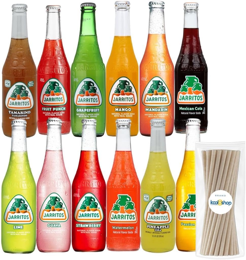 Jarritos Variety Pack Mexican Soft Soda Drink 12 fl oz Glass Bottles 12 Pack + 15 Sugarcane Disposable Straws by KOOL8SHOP Infinite Deals
