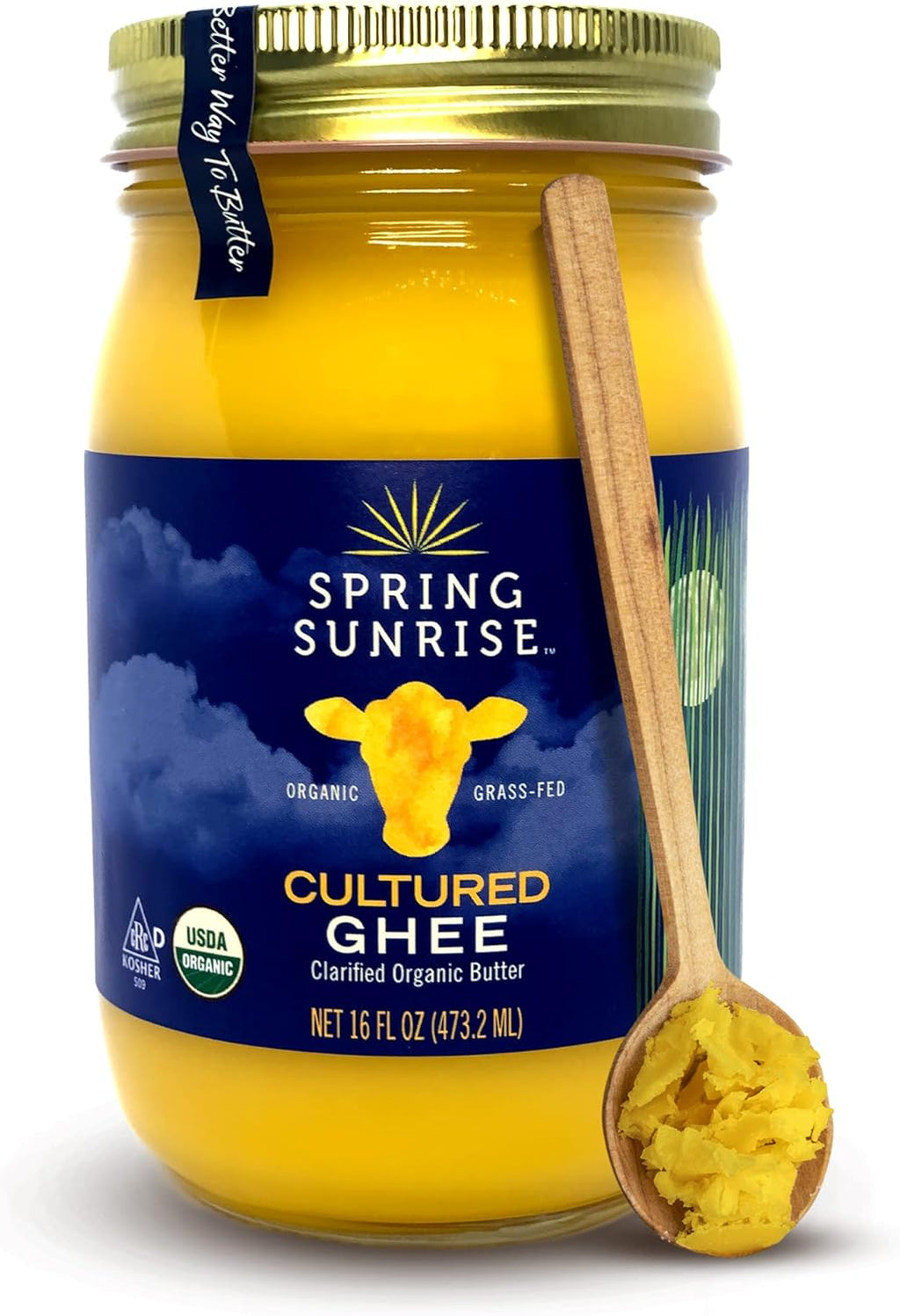 Spring Sunrise Grass Fed Organic Cultured Ghee - USDA Certified Clarified Butter - Keto & Paleo Friendly, Non-GMO, Gluten & Lactose Free Cooking Oil - Sustainably Sourced, 16 oz Jar