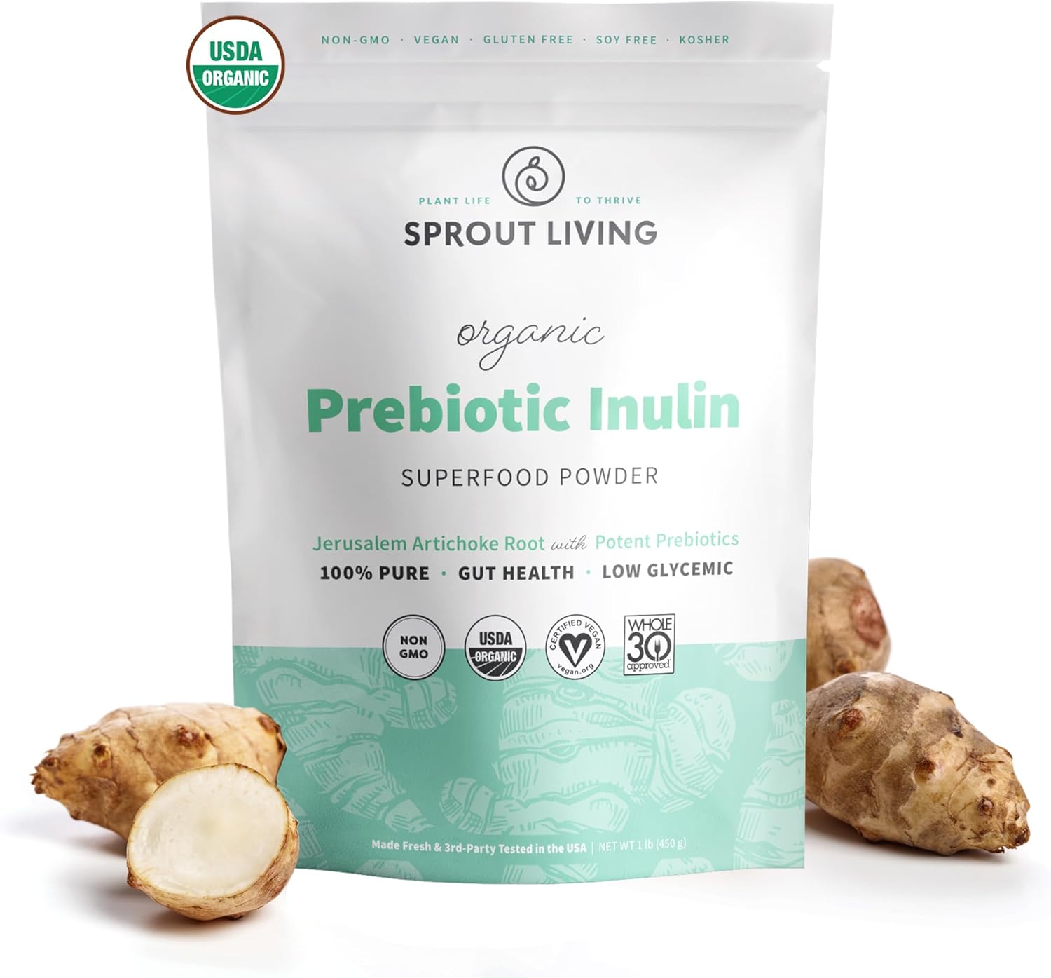 Sprout Living Organic Inulin with FOS Prebiotic Powder, Soluble Fiber for Leaky Gut, Bloating, Digestion, Feed Friendly Bacteria (Probiotics), 1 Scoop Daily, 1 lb (90 Servings)