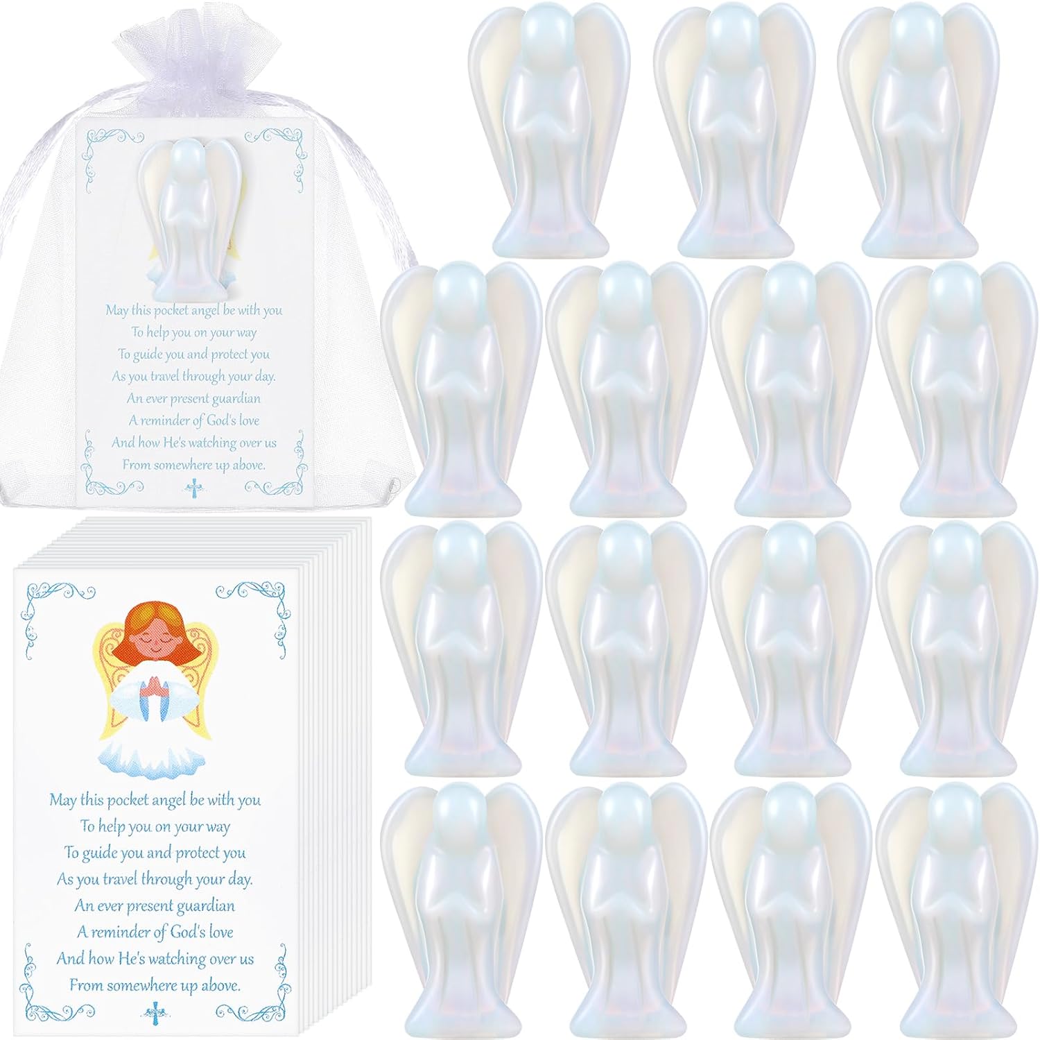 15 Set 45 Pcs Crystal Angel Figurines Bulk 1.5 Inch Guardian Pocket Angels Healing Statue Mini Angel Gemstones Carved Stones with Cards Organza Bags for Faith Peace Gifts Home Decor