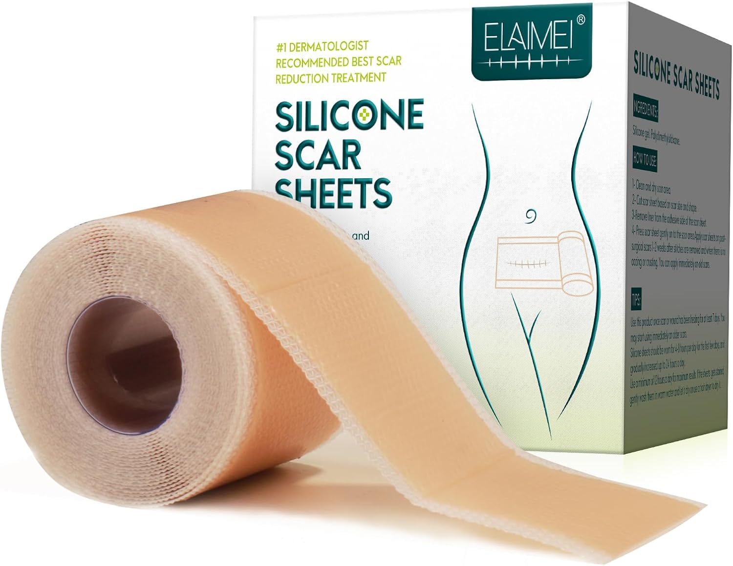 Silicone Scar Sheets (1.6” x 120” Roll-3M), Silicone Scar Tape Roll, Scar Silicone Strips, Reusable, Professional Scar Removal Sheets for C-Section, Surgery, Burn, Keloid, Acne et