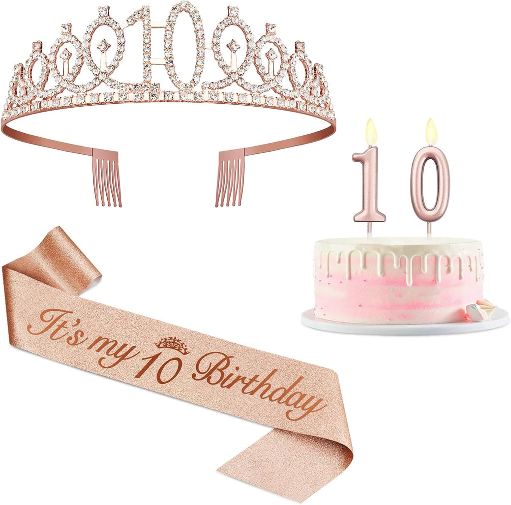 10th Birthday Decorations for Girls with Rose Gold Sash, Tiara,Numbers Candles, Sincere 10th Birthday Gifts for Girls