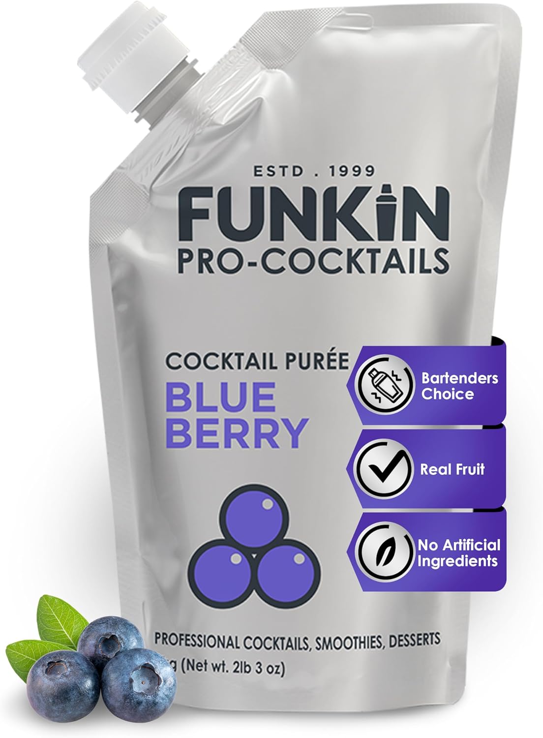 Funkin Fruit Puree | Real Fruit, Simple Ingredient, Natural Mixer for Cocktails, Drinks, Smoothies | Vegan, Non-GMO, Gluten-Free (2.2 lbs) (Blueberry)
