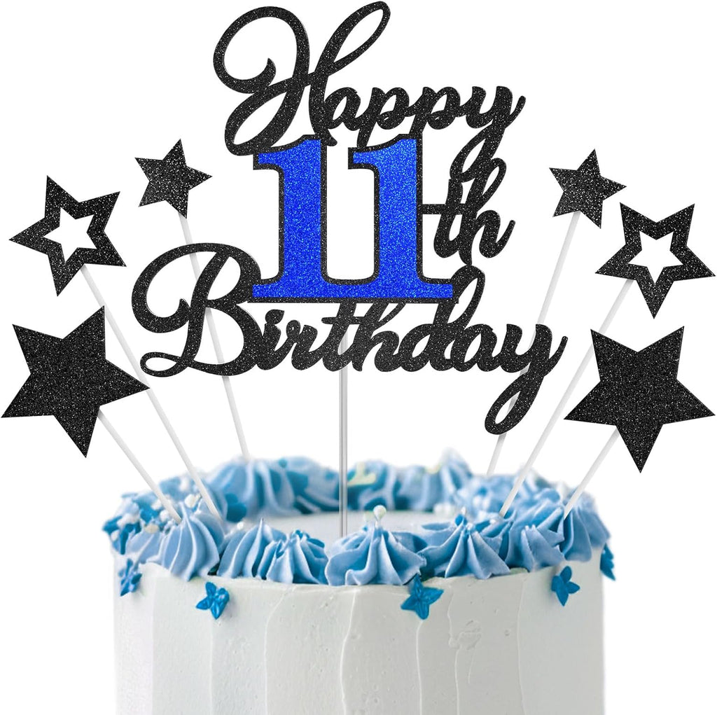 11th Birthday Cake Topper, Black Blue Happy 11th Birthday Cake Toppers for Boy Girl, 11 Years Old Birthday Party Supplies, Glitter Cake Decor, 11th Birthday Cake Decorations