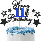 11th Birthday Cake Topper, Black Blue Happy 11th Birthday Cake Toppers for Boy Girl, 11 Years Old Birthday Party Supplies, Glitter Cake Decor, 11th Birthday Cake Decorations
