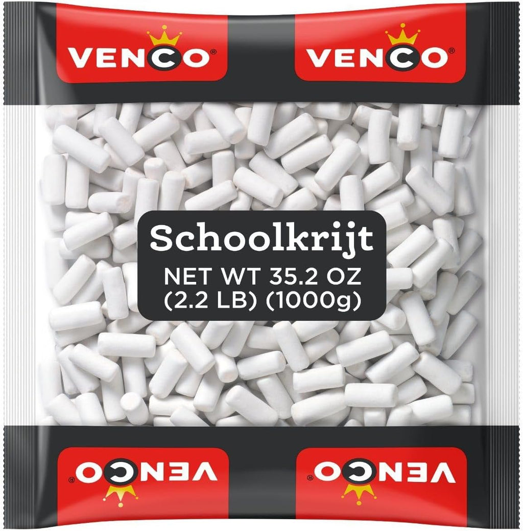 Venco Schoolkrijt Licorice Chalk Candy - School Chalk Original Dutch Licorice Candy from Netherlands - White Crunchy Mint Coated Liquorice Sticks with Soft Sweet Anise Filling - Bulk 2.2 lbs Bag