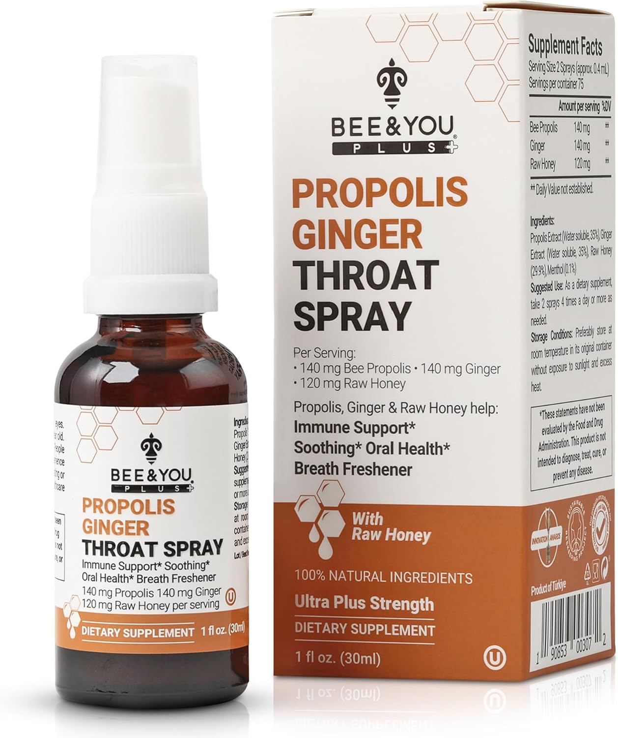 Bee and You Propolis Ginger Raw Honey Soothing Throat Spray, Ultra Pure, Immune Support Supplement, Oral Health, Antioxidants, Keto, Paleo, Gluten-Free, 1 Fl Oz