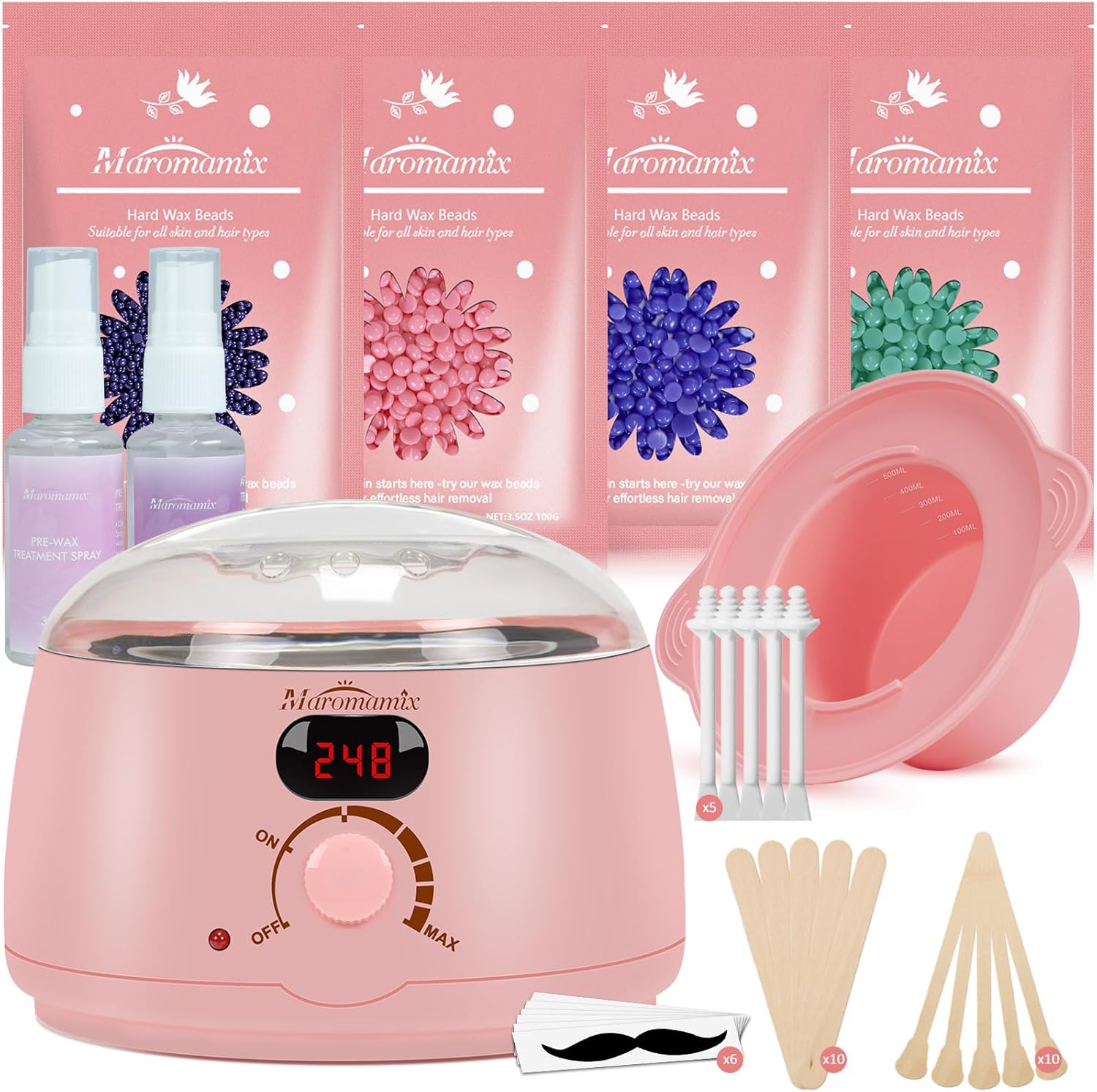 Waxing Kit -Digital Wax Warmer Machine for Hair Removal with 4 Packs of Hard Wax Beads & Silicone Pot for Full Body, Legs, Face, Eyebrows, Bikini, Brazilian at Home Waxing Kit for Women Men