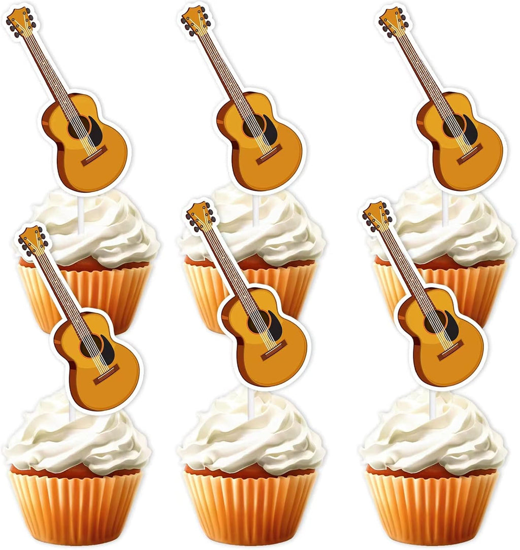 Guitar Dessert Cupcake Topper for Music Musician Party Theme Decor Supplies Baby Shower Boy Girl Happy Birthday Party Decoration 18pcs Gold Glitter