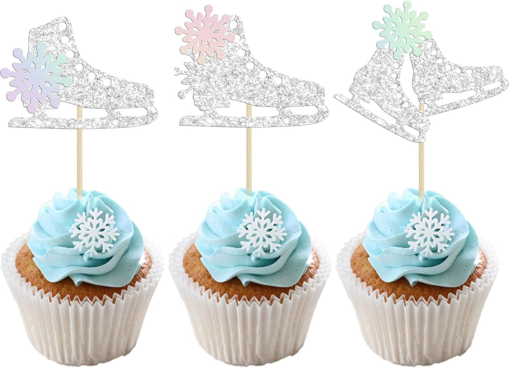 Gyufise 24Pcs Ice Skating Cupcake Toppers Glitter Snowflake Ice Sports Theme Cupcake Picks Baby Shower Cake Decorations for Skating Theme Kids Birthday Party Supplies Laser Silver