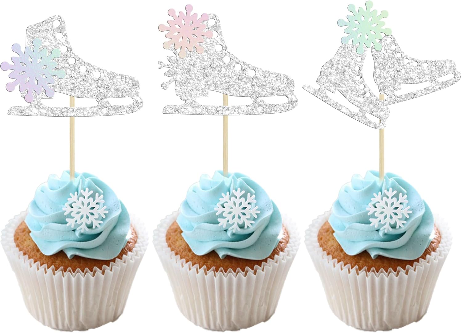 Gyufise 24Pcs Ice Skating Cupcake Toppers Glitter Snowflake Ice Sports Theme Cupcake Picks Baby Shower Cake Decorations for Skating Theme Kids Birthday Party Supplies Laser Silver