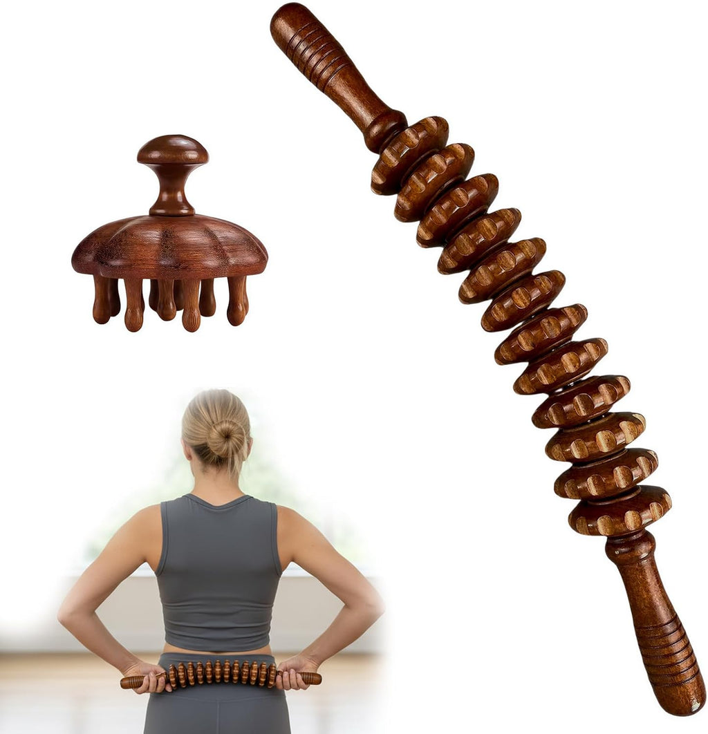 Wooden Massage Tools, Manual Fascia Roller, Cellulite Massage Wooden Muscle Roller Stick for Waist and Thigh, Curved Therapy Massage Roller Tools, Includes Wooden Massage Comb