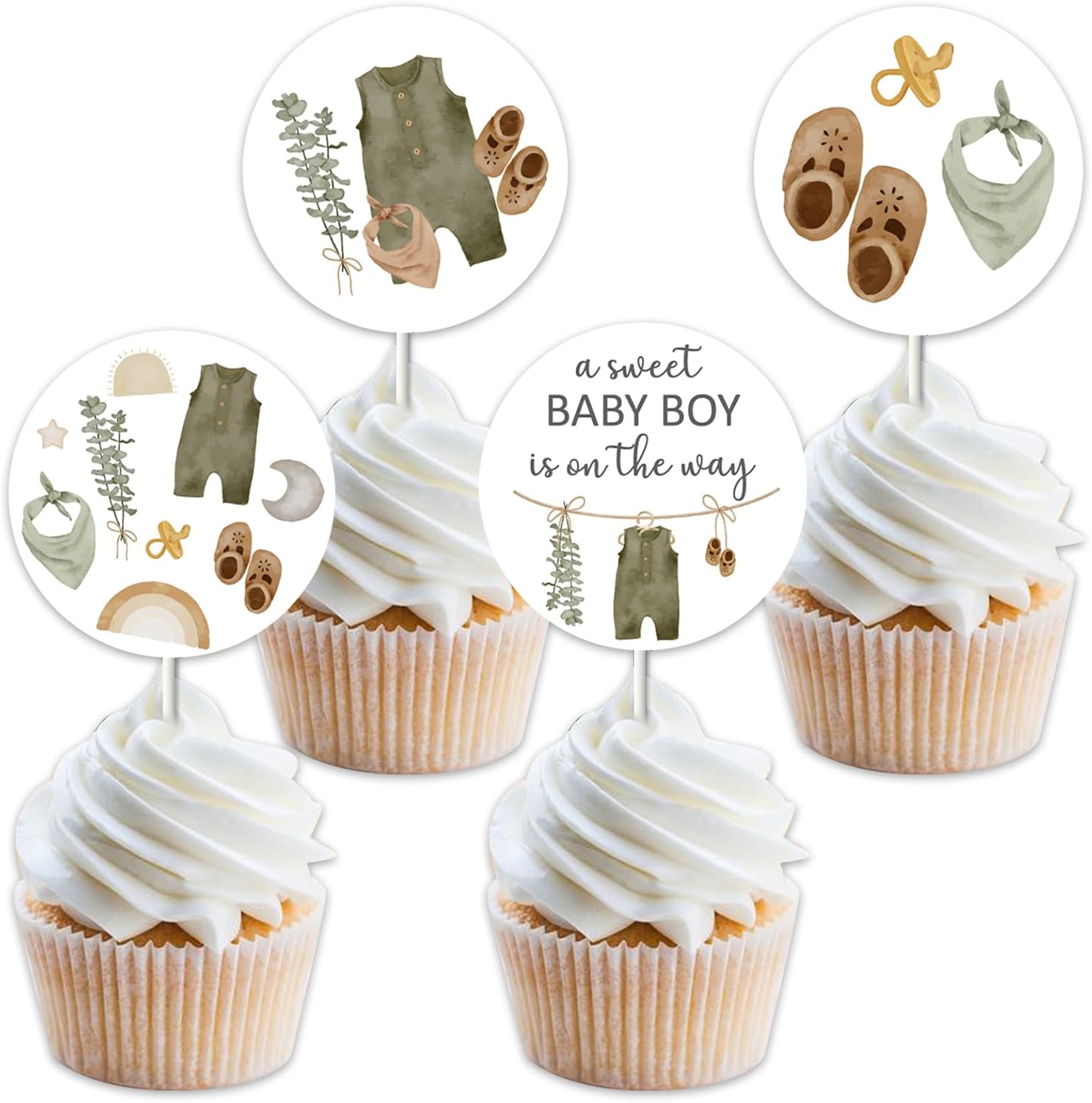 36pcs Boho Baby Clothes Cupcake Toppers for Boy Cupcake Toppers Clothes Shower Decorations Sage Green, a Sweet Baby Boy Is On The Way Decorations
