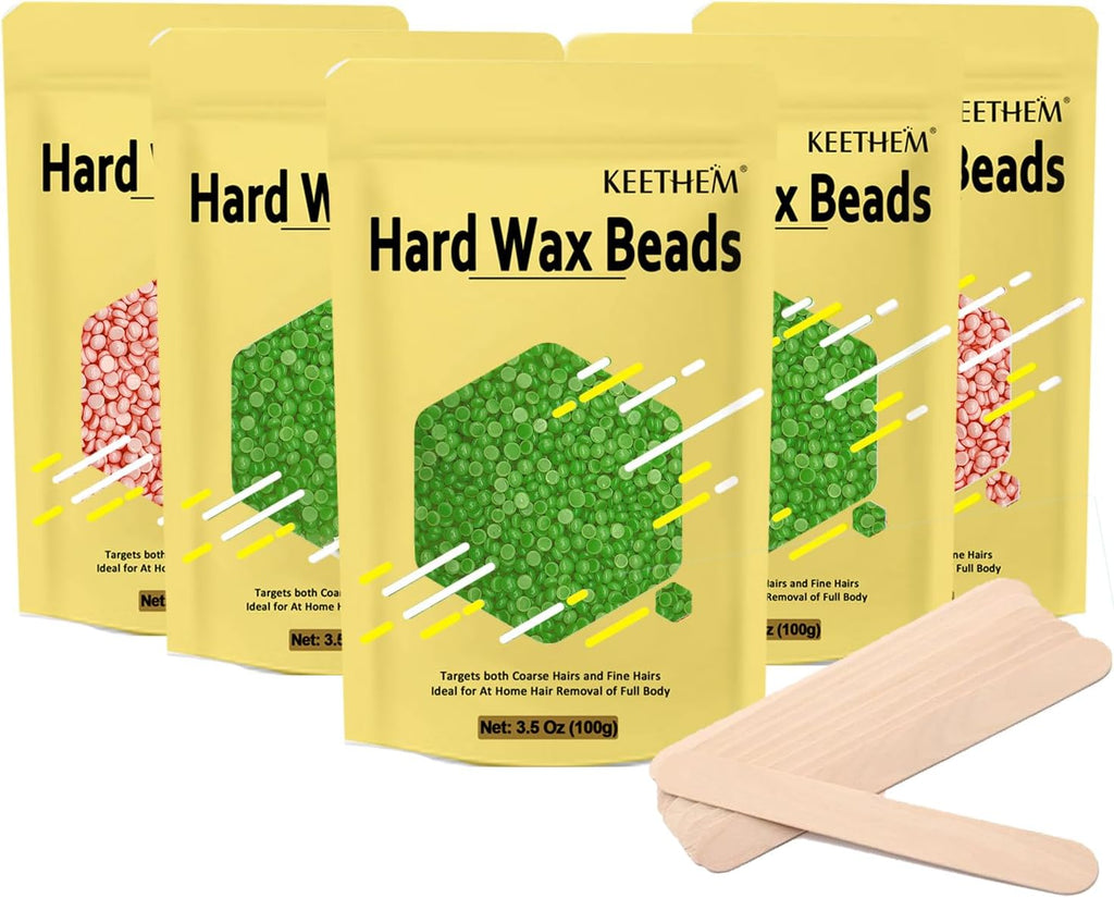 Wax Beads,5 Packs Hard Wax Beads Waxing at Home for Hair Removal - Hard Wax for Sensitive Skin Women with sticks, Bikini Brazilian Body Face Waxing (5 * 100g, Aloe & Rose)