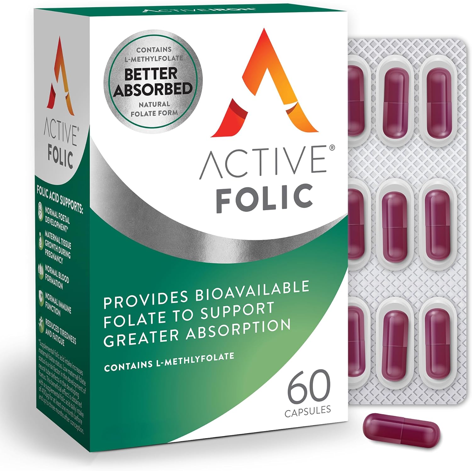 Active Folic Acid Supplement, 400mcg, Supports Pregnancy, Fetal Development, Fights Tiredness, Fatigue, Maximum Absorption of L-Methylfolate, Vegan, Gluten Free, 60 On-the-Go Capsules, 2 Month Supply