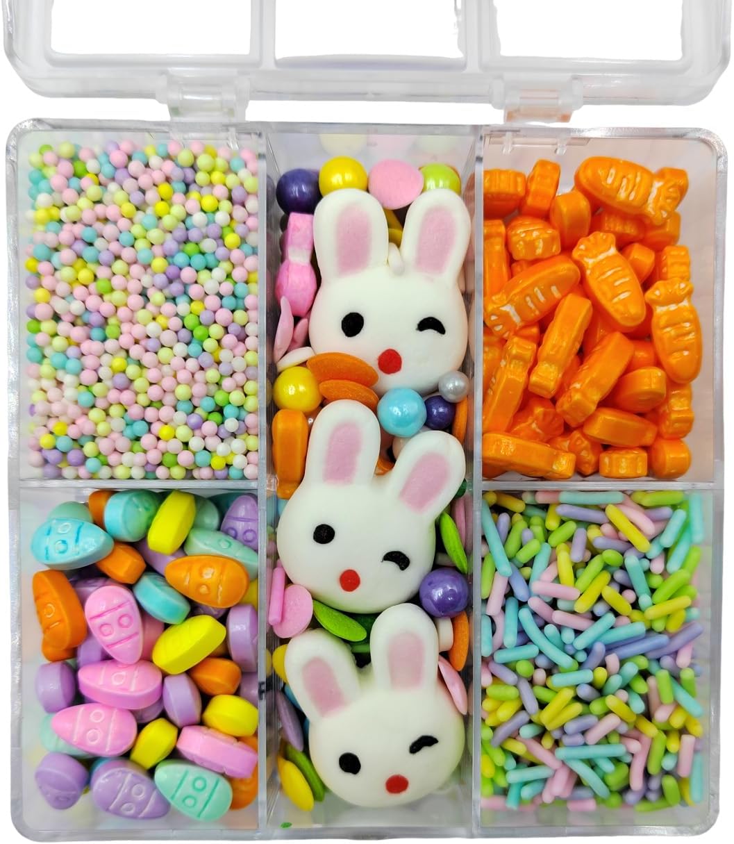 Easter Sprinkles for Cupcakes, Edible Carrot Easter Egg Sprinkles with Sugar Pearls Jimmies Nonpareils and 3 Pieces Bunnys for Cake Decorating Baking Cookies Cupcake Topper