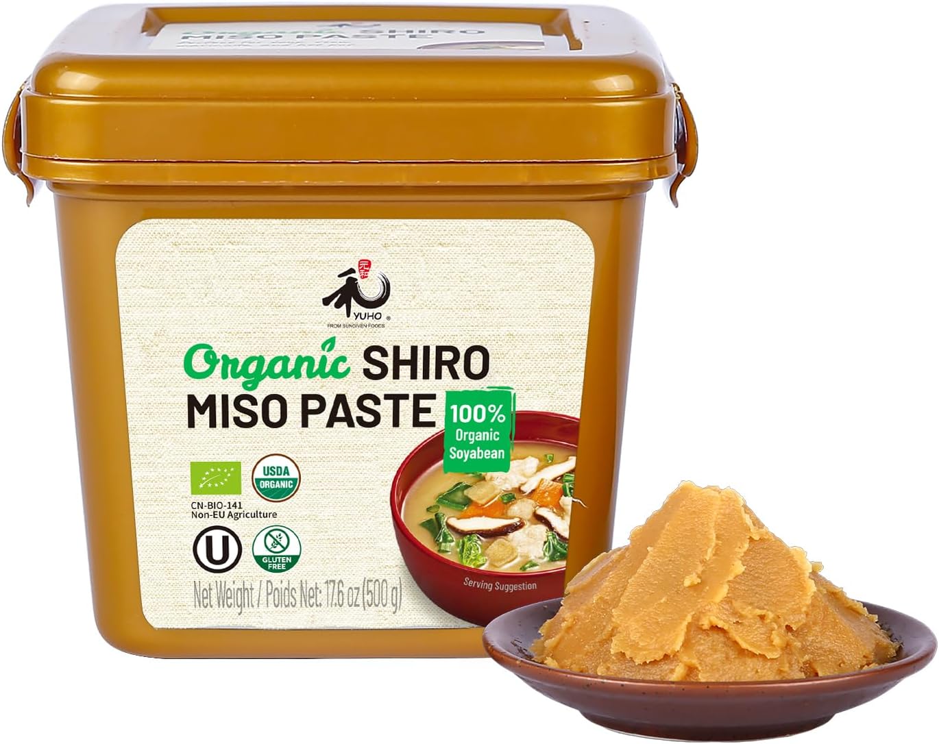 YUHO Organic Shiro Miso Paste, No GMO, NON-MSG, Japanese Style Instant Miso Soup, Gluten Free, Kosher, No Preservatives, Vegan 17.6 oz