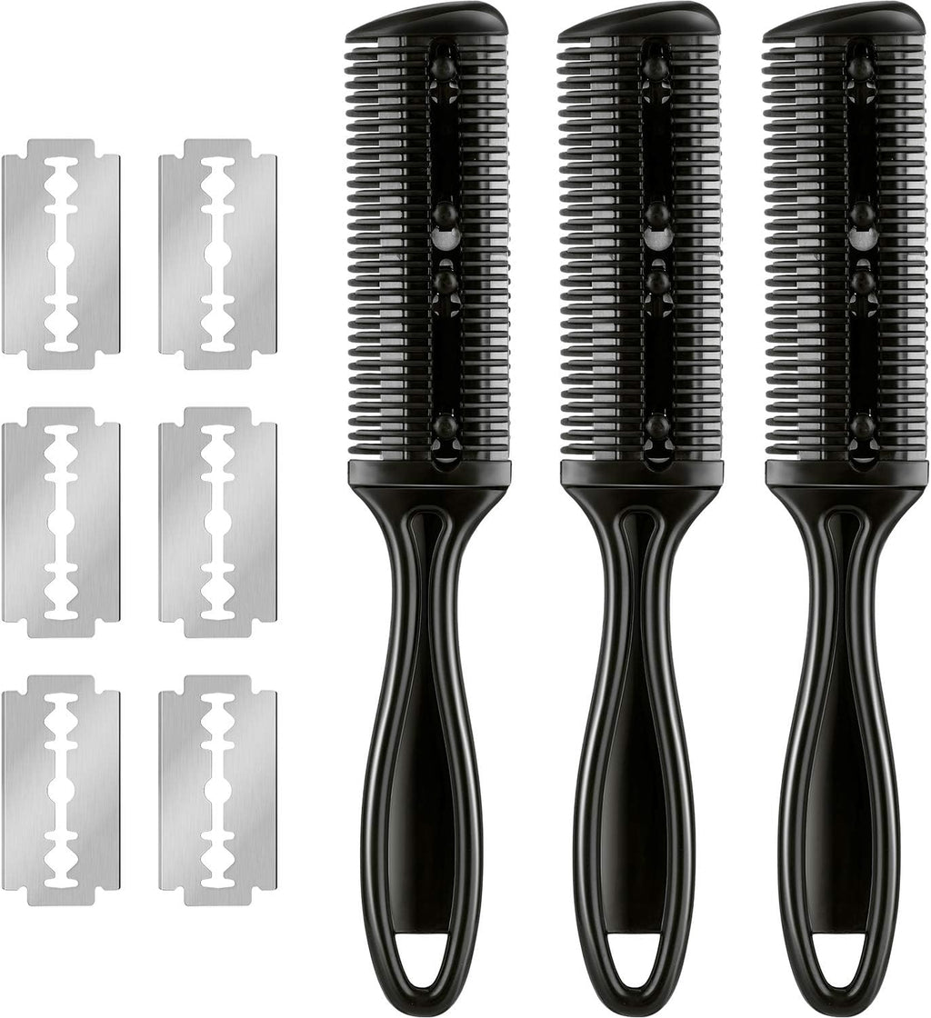 Maitys 3 Pcs Haircut Razor Comb Hair Cutting Comb with 12 Replacement Blades Double Edge Shaper for Salon & Home Styling Split Ends Trimmer Styler for Thick and Thin Hair(Black)