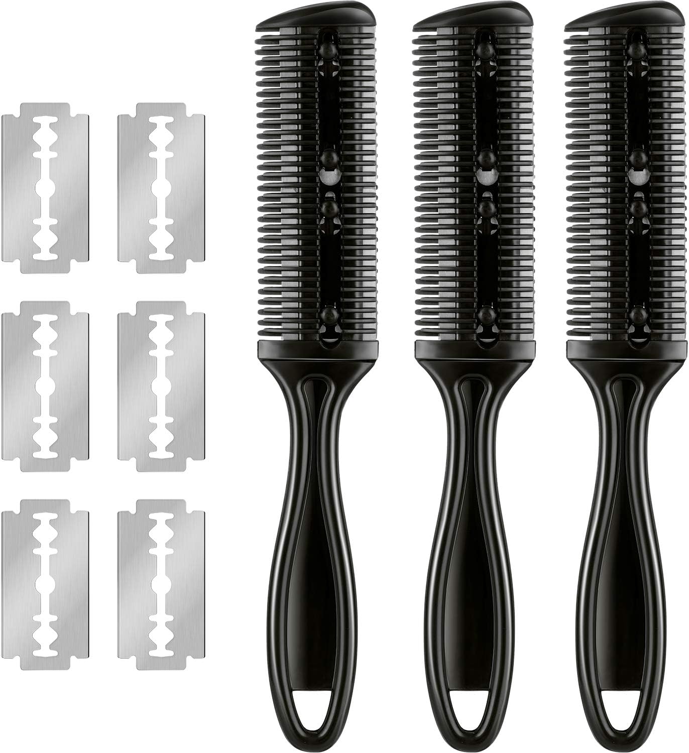 Maitys 3 Pcs Haircut Razor Comb Hair Cutting Comb with 12 Replacement Blades Double Edge Shaper for Salon & Home Styling Split Ends Trimmer Styler for Thick and Thin Hair(Black)