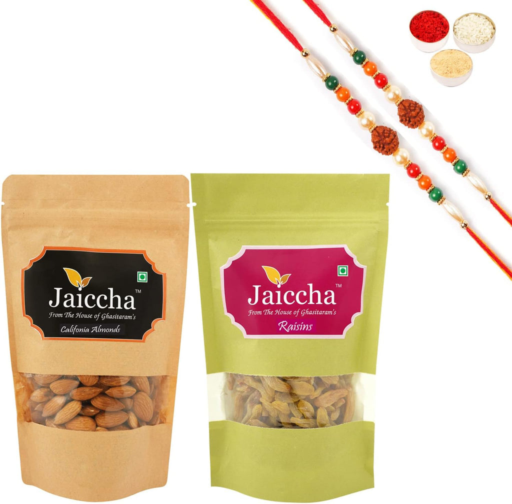 Jaiccha Ghasitaram Rakhi Gifts for Brothers Rakhi Dryfruits - Almonds 200 GMS and Raisins 200 GMS Pouches with 2 Rudraksh Rakhis