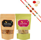 Jaiccha Ghasitaram Rakhi Gifts for Brothers Rakhi Dryfruits - Almonds 200 GMS and Raisins 200 GMS Pouches with 2 Rudraksh Rakhis