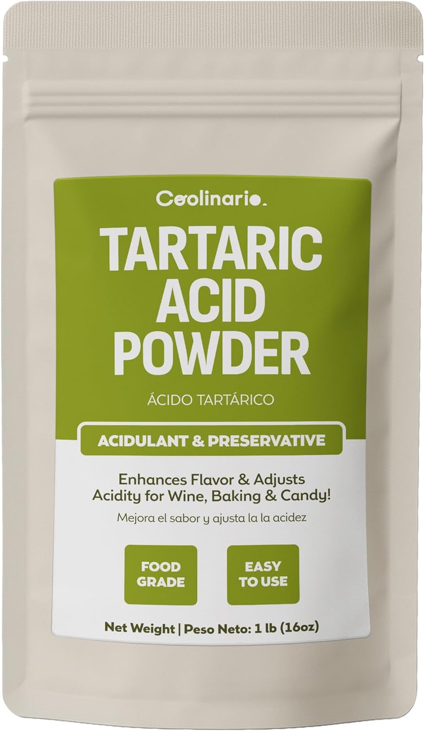 Coolinario Tartaric Acid Powder (1 LB) Natural Acidulant for Wine, Baking & Candy | Enhances Flavor & Adjusts Acidity | Ideal for Cream of Tartar, Confections & pH Balancing | Food Grade