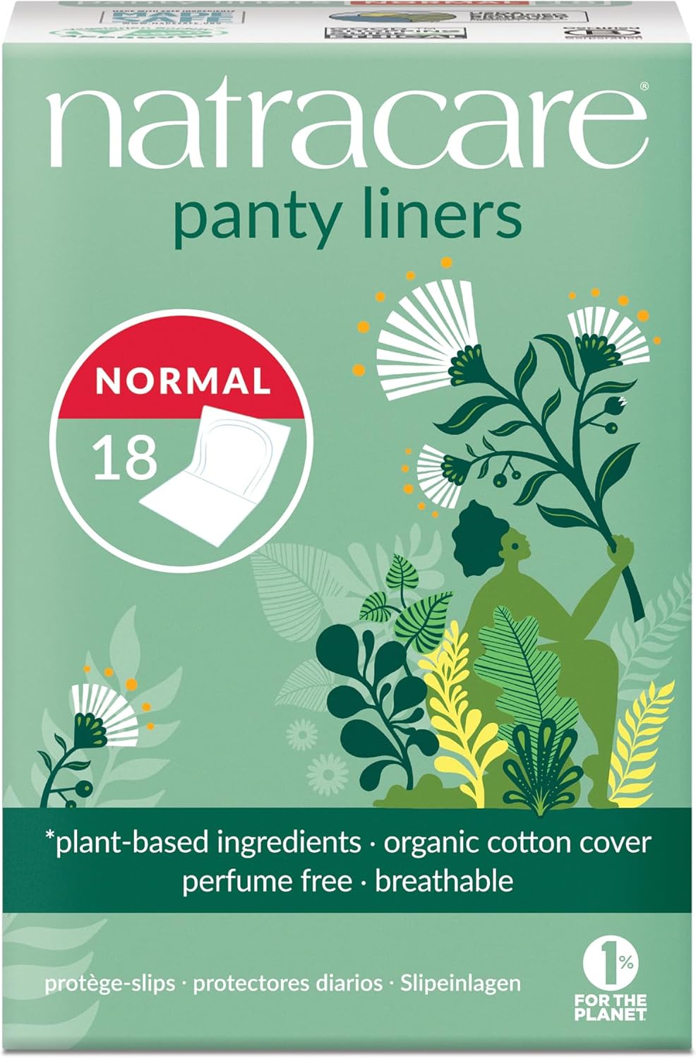 Natracare Natural Organic Normal Panty Liners, Made with Certified Organic Cotton, Ecologically Certified Cellulose Pulp and Plant Starch (1 Pack, 18 Liners Total)